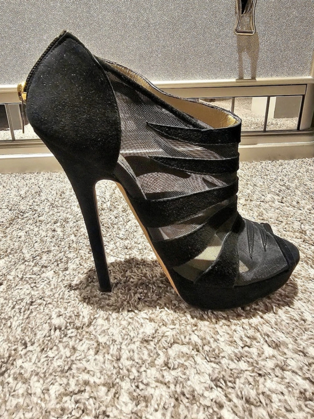 Jimmy Choo Driana Mesh & Suede Peep-Toe Booties Black Mesh Peep Toe Heels